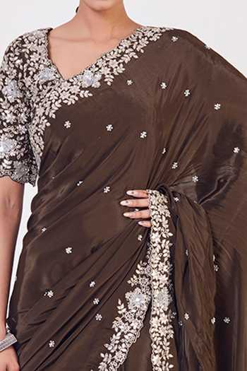 Onaya Brown Crepe Sequin Embroidered Saree With Blouse at Aza Fashions Onaya_Brown Crepe Sequin Embroidered Saree With Blouse_at_Aza_Fashions