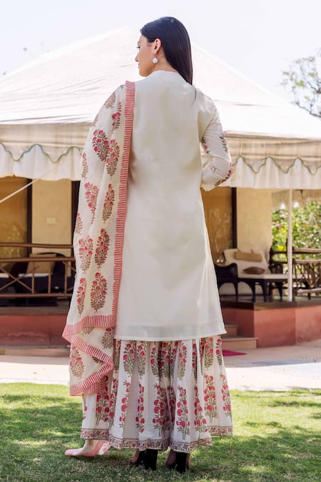 Shop Missprint White Cotton, Chanderi Block Print Mandarin Collar Sharara Set at Aza Fashions Shop_Missprint_White Cotton, Chanderi Block Print Mandarin Collar Sharara Set _at_Aza_Fashions