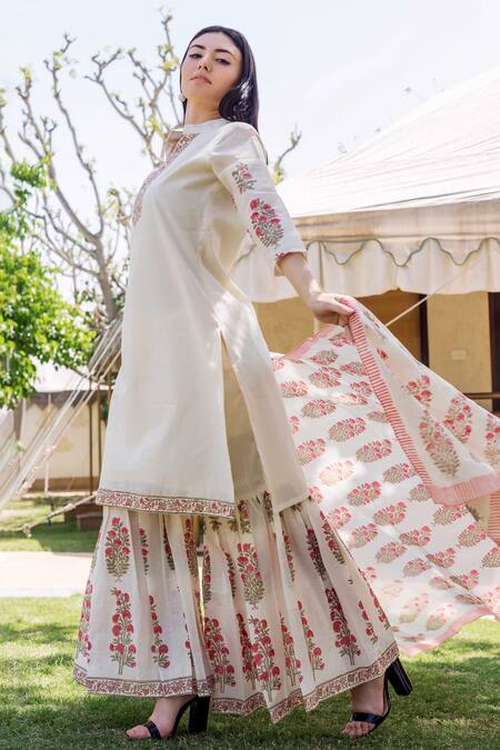 Buy Missprint White Cotton, Chanderi Block Print Mandarin Collar Sharara Set Online at Aza Fashions Buy_Missprint_White Cotton, Chanderi Block Print Mandarin Collar Sharara Set _Online_at_Aza_Fashions