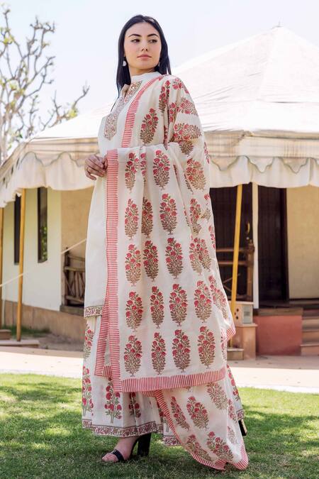 Shop Missprint White Cotton, Chanderi Block Print Mandarin Collar Sharara Set Online at Aza Fashions Shop_Missprint_White Cotton, Chanderi Block Print Mandarin Collar Sharara Set _Online_at_Aza_Fashions