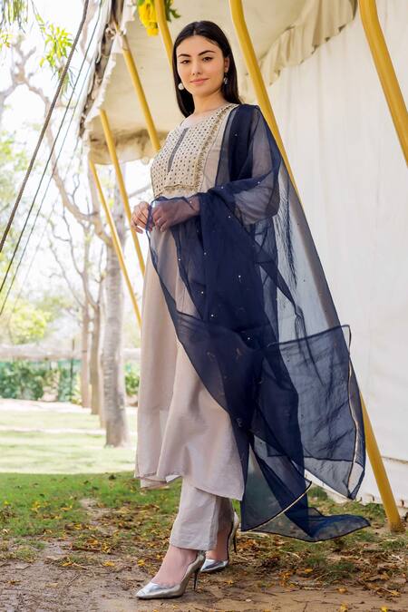 Missprint Grey Cotton, Chanderi Sequins, Thread , Zari Embroidered Kurta Set Online at Aza Fashions Missprint_Grey Cotton, Chanderi Sequins, Thread , Zari Embroidered Kurta Set _Online_at_Aza_Fashions