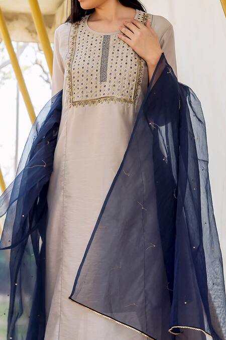 Shop Missprint Grey Cotton, Chanderi Sequins, Thread , Zari Embroidered Kurta Set Online at Aza Fashions Shop_Missprint_Grey Cotton, Chanderi Sequins, Thread , Zari Embroidered Kurta Set _Online_at_Aza_Fashions