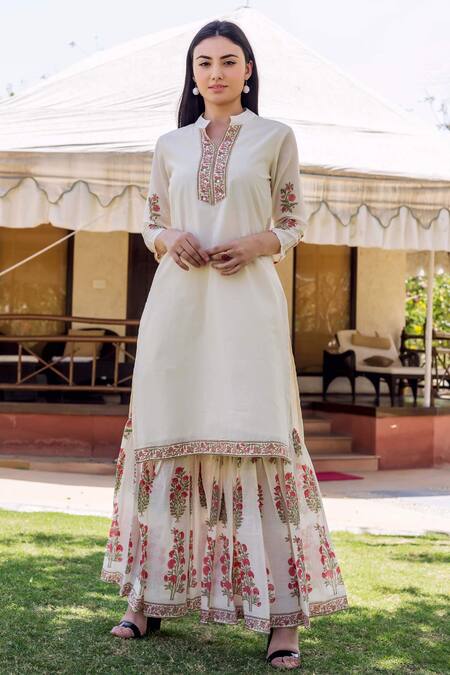Missprint White Cotton, Chanderi Block Print Mandarin Collar Sharara And Kurta Set
