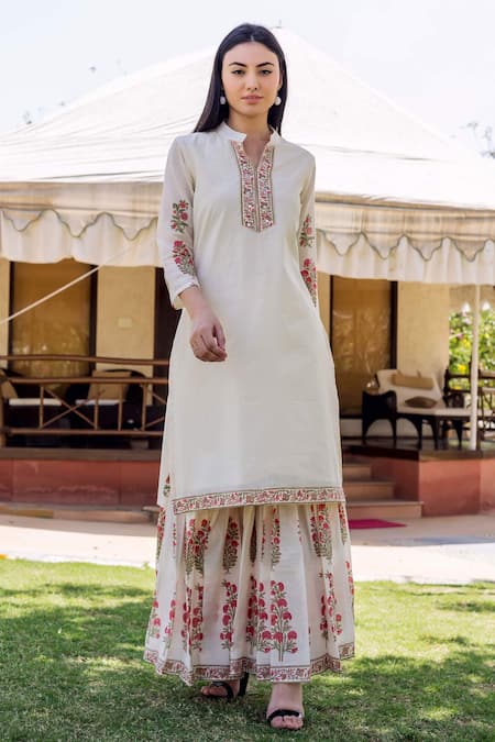 Missprint_White Cotton, Chanderi Block Print Mandarin Collar Sharara And Kurta Set_Online_at_Aza_Fashions