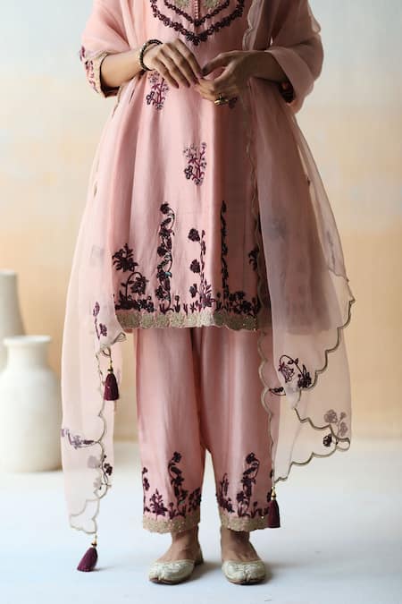 Shop Aman Takyar Pink Organza, Dupion Silk Cutdana, Floral, Sequin Round Embroidered Kurta Set Online at Aza Fashions Shop_Aman Takyar_Pink Organza, Dupion Silk Cutdana, Floral, Sequin Round Embroidered Kurta Set _Online_at_Aza_Fashions