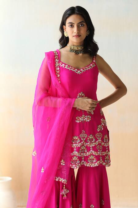 Buy Aman Takyar Fuchsia Organza, Dupion Silk Floral, Sequin V Neck Embroidered Kurta Sharara Set Online at Aza Fashions Buy_Aman Takyar_Fuchsia Organza, Dupion Silk Floral, Sequin V Neck Embroidered Kurta Sharara Set _Online_at_Aza_Fashions