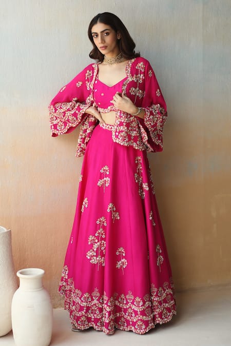 Aman Takyar Pink Dupion Silk Embroidery Sequin Cape Open Lehenga Set  