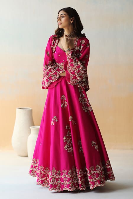Buy Aman Takyar Pink Georgette, Dupion Silk Floral, Sequin Blouse Embroidered Lehenga Set Online at Aza Fashions Buy_Aman Takyar_Pink Georgette, Dupion Silk Floral, Sequin Blouse Embroidered Lehenga Set _Online_at_Aza_Fashions