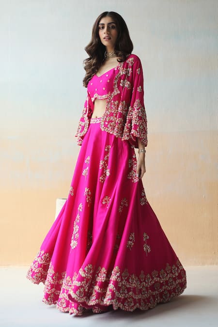 Shop Aman Takyar Pink Georgette, Dupion Silk Floral, Sequin Blouse Embroidered Lehenga Set Online at Aza Fashions Shop_Aman Takyar_Pink Georgette, Dupion Silk Floral, Sequin Blouse Embroidered Lehenga Set _Online_at_Aza_Fashions