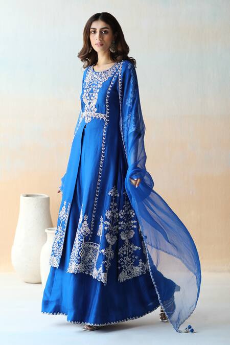 Aman Takyar Blue Organza, Dupion Silk Cutdana, Floral, Sequin Embroidered Kurta Sharara Set Online at Aza Fashions Aman Takyar_Blue Organza, Dupion Silk Cutdana, Floral, Sequin Embroidered Kurta Sharara Set _Online_at_Aza_Fashions