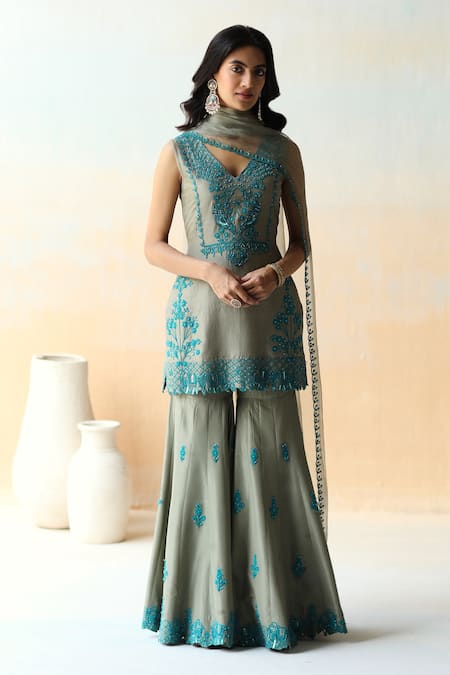 Shop Aman Takyar Green Organza, Dupion Silk Cutdana, Floral, Sequin Embroidered Kurta Sharara Set at Aza Fashions Shop_Aman Takyar_Green Organza, Dupion Silk Cutdana, Floral, Sequin Embroidered Kurta Sharara Set _at_Aza_Fashions