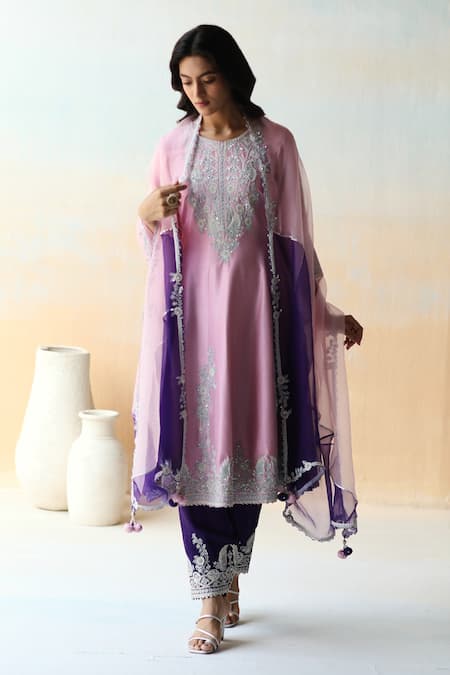 Aman Takyar Purple Organza, Dupion Silk Cutdana, Floral, Sequin Round Embroidered Kurta Set 