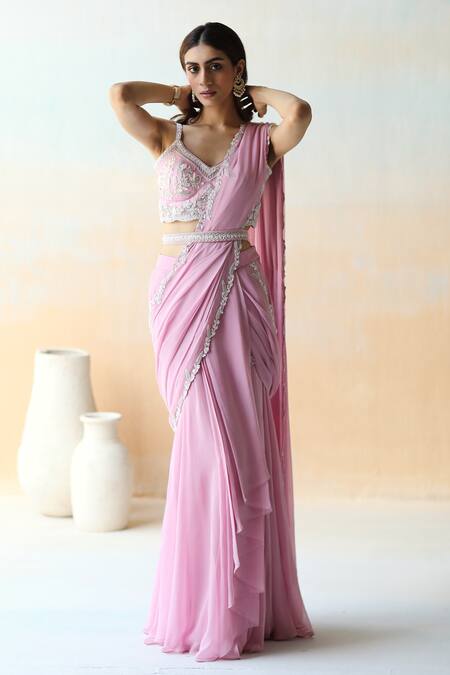 Aman Takyar_Purple Organza, Georgette, Dupion Silk Floral V Pre-draped Saree With Blouse _Online_at_Aza_Fashions