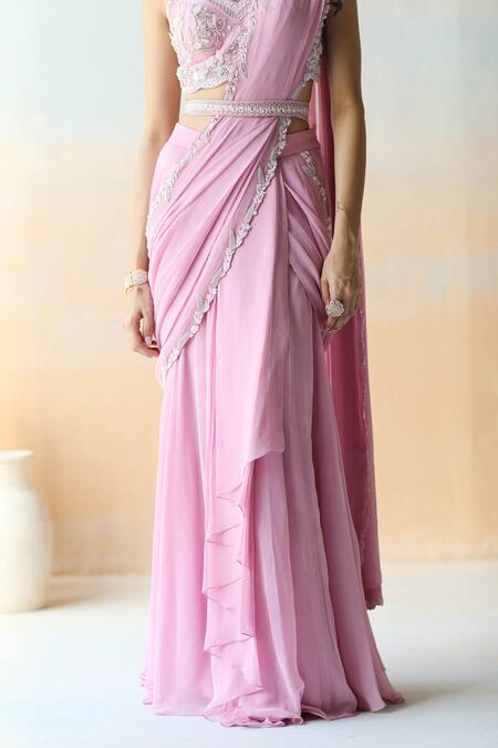 Shop_Aman Takyar_Purple Organza, Georgette, Dupion Silk Floral V Pre-draped Saree With Blouse _Online_at_Aza_Fashions
