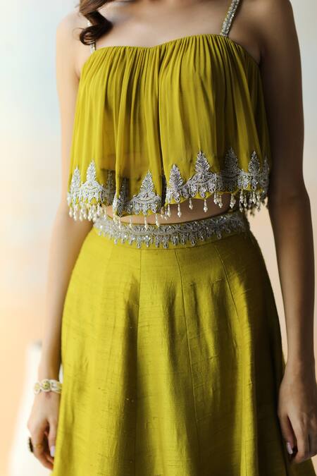 Shop Aman Takyar Green Raw Silk, Georgette Cutdana, Floral, Embroidered Lehenga With Blouse Online at Aza Fashions Shop_Aman Takyar_Green Raw Silk, Georgette Cutdana, Floral, Embroidered Lehenga With Blouse _Online_at_Aza_Fashions