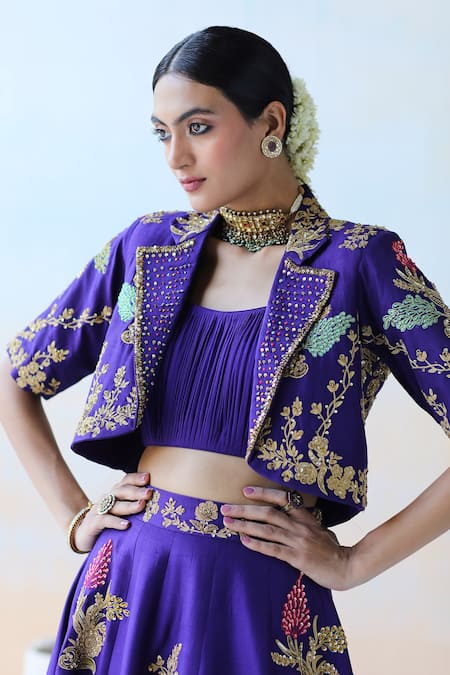 Buy Aman Takyar Purple Organza, Dupion Silk Cutdana, Floral, Embroidered Jacket Lehenga Set Online at Aza Fashions Buy_Aman Takyar_Purple Organza, Dupion Silk Cutdana, Floral, Embroidered Jacket Lehenga Set _Online_at_Aza_Fashions