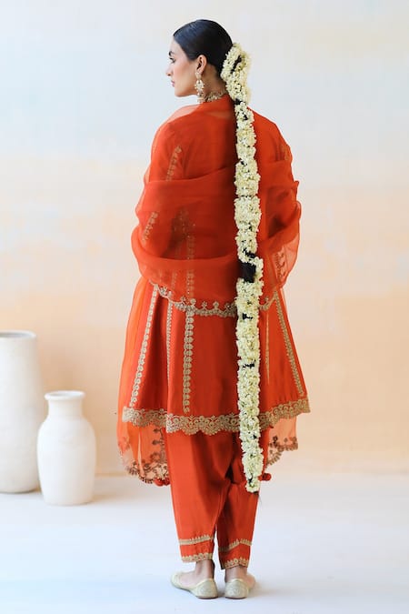 Shop_Aman Takyar_Orange Organza, Dupion Silk Cutdana, Floral, Sequin Round Embroidered Kurta Set _at_Aza_Fashions