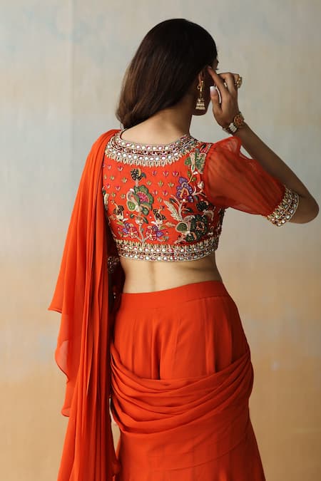 Shop_Aman Takyar_Orange Organza, Georgette, Dupion Silk Floral V Pre-draped Saree With Blouse _at_Aza_Fashions