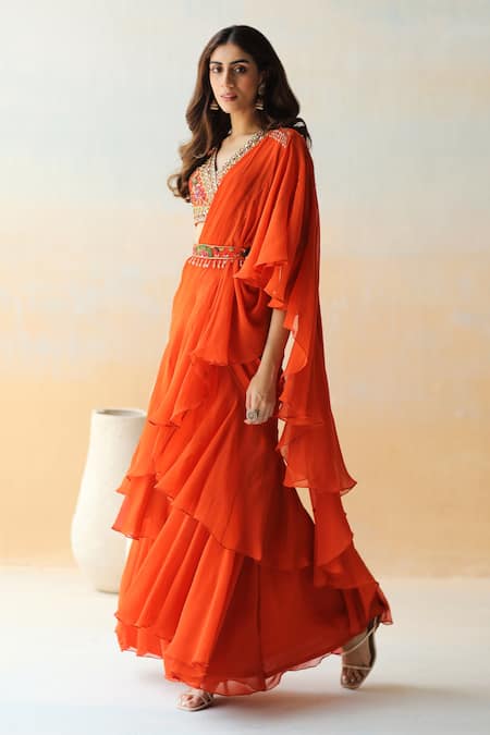 Buy_Aman Takyar_Orange Organza, Georgette, Dupion Silk Floral V Pre-draped Saree With Blouse _Online_at_Aza_Fashions