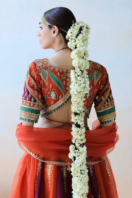 Shop Aman Takyar Orange Organza, Dupion Silk Floral, Sequin V Neck Embroidered Bridal Lehenga Set at Aza Fashions Shop_Aman Takyar_Orange Organza, Dupion Silk Floral, Sequin V Neck Embroidered Bridal Lehenga Set _at_Aza_Fashions