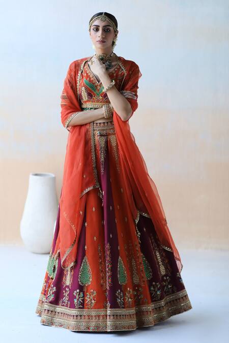 Aman Takyar Orange Organza, Dupion Silk Floral, Sequin V Neck Embroidered Bridal Lehenga Set Online at Aza Fashions Aman Takyar_Orange Organza, Dupion Silk Floral, Sequin V Neck Embroidered Bridal Lehenga Set _Online_at_Aza_Fashions