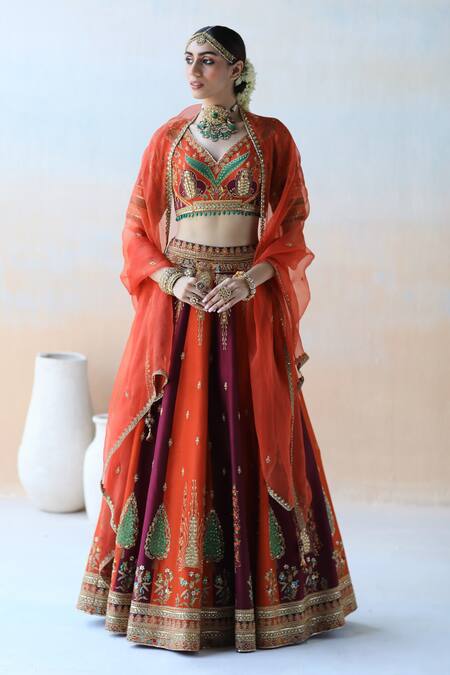 Buy Aman Takyar Orange Organza, Dupion Silk Floral, Sequin V Neck Embroidered Bridal Lehenga Set Online at Aza Fashions Buy_Aman Takyar_Orange Organza, Dupion Silk Floral, Sequin V Neck Embroidered Bridal Lehenga Set _Online_at_Aza_Fashions