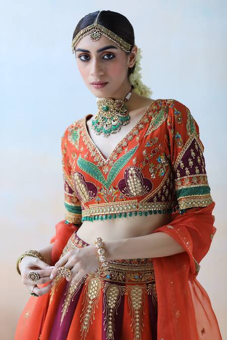Shop Aman Takyar Orange Organza, Dupion Silk Floral, Sequin V Neck Embroidered Bridal Lehenga Set Online at Aza Fashions Shop_Aman Takyar_Orange Organza, Dupion Silk Floral, Sequin V Neck Embroidered Bridal Lehenga Set _Online_at_Aza_Fashions