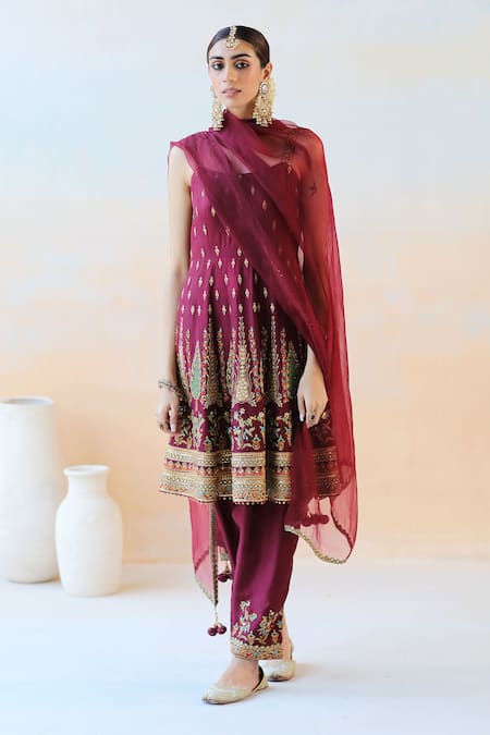 Aman Takyar Maroon Organza, Dupion Silk Cutdana, Floral, Sequin Embroidered Anarkali Set 