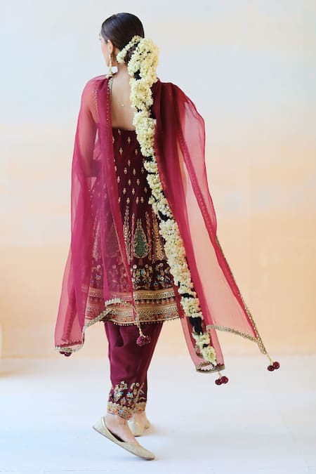 Shop Aman Takyar Maroon Organza, Dupion Silk Cutdana, Floral, Sequin Embroidered Anarkali Set at Aza Fashions Shop_Aman Takyar_Maroon Organza, Dupion Silk Cutdana, Floral, Sequin Embroidered Anarkali Set _at_Aza_Fashions