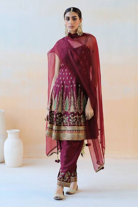 Aman Takyar Maroon Organza, Dupion Silk Cutdana, Floral, Sequin Embroidered Anarkali Set Online at Aza Fashions Aman Takyar_Maroon Organza, Dupion Silk Cutdana, Floral, Sequin Embroidered Anarkali Set _Online_at_Aza_Fashions