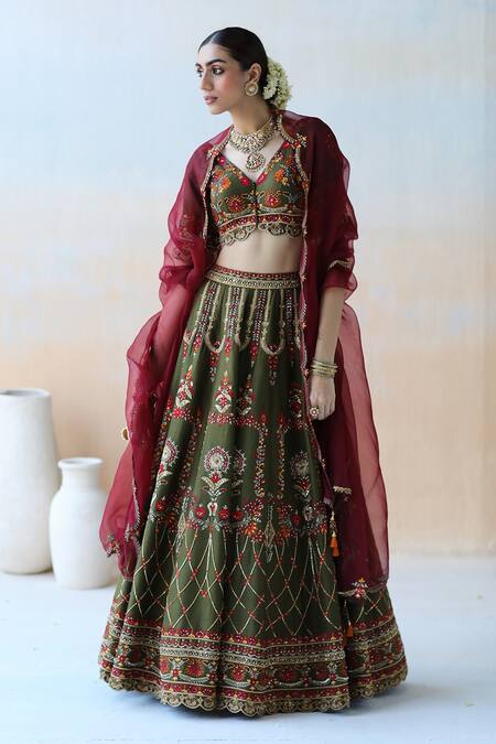 Aman Takyar Green Organza, Dupion Silk Cutdana, Floral, Embroidered Bridal Lehenga Set Online at Aza Fashions Aman Takyar_Green Organza, Dupion Silk Cutdana, Floral, Embroidered Bridal Lehenga Set _Online_at_Aza_Fashions