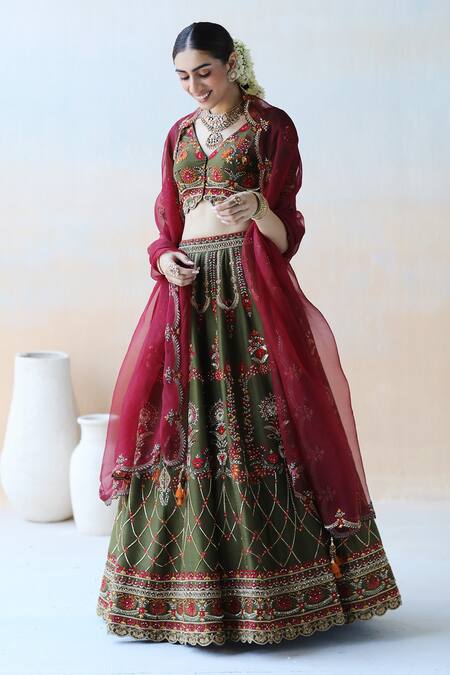 Buy Aman Takyar Green Organza, Dupion Silk Cutdana, Floral, Embroidered Bridal Lehenga Set Online at Aza Fashions Buy_Aman Takyar_Green Organza, Dupion Silk Cutdana, Floral, Embroidered Bridal Lehenga Set _Online_at_Aza_Fashions