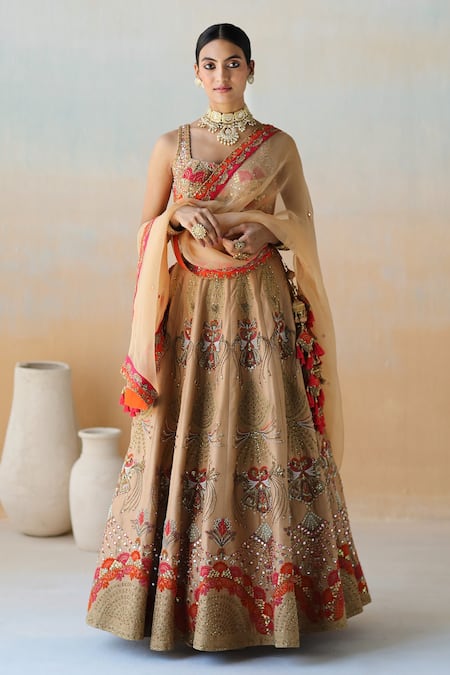 Aman Takyar Gold Dupion Silk Embroidery Floral Sweetheart Neck Bridal Lehenga Set 