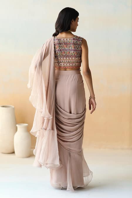 Shop Aman Takyar Beige Organza, Georgette, Dupion Silk Floral Ruffle Pre-draped Saree With Blouse at Aza Fashions Shop_Aman Takyar_Beige Organza, Georgette, Dupion Silk Floral Ruffle Pre-draped Saree With Blouse_at_Aza_Fashions