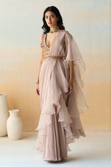 Aman Takyar Beige Organza, Georgette, Dupion Silk Floral Ruffle Pre-draped Saree With Blouse Online at Aza Fashions Aman Takyar_Beige Organza, Georgette, Dupion Silk Floral Ruffle Pre-draped Saree With Blouse_Online_at_Aza_Fashions