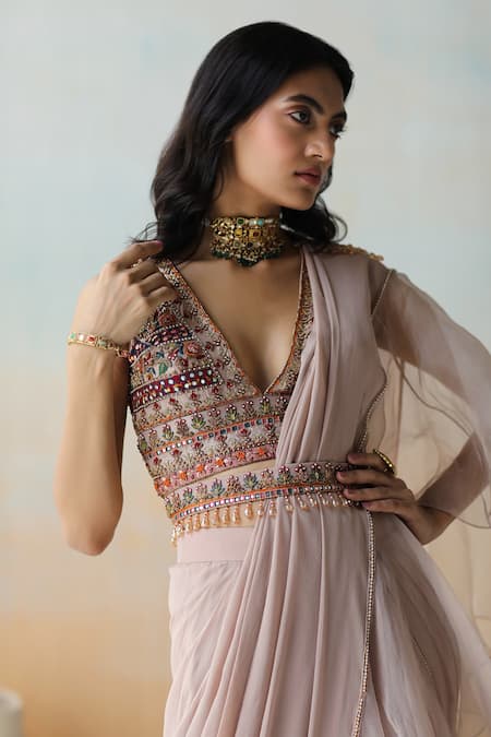 Buy Aman Takyar Beige Organza, Georgette, Dupion Silk Floral Ruffle Pre-draped Saree With Blouse Online at Aza Fashions Buy_Aman Takyar_Beige Organza, Georgette, Dupion Silk Floral Ruffle Pre-draped Saree With Blouse_Online_at_Aza_Fashions