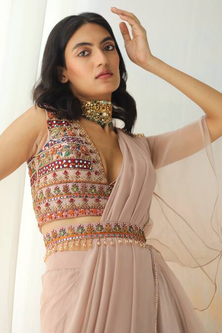 Shop Aman Takyar Beige Organza, Georgette, Dupion Silk Floral Ruffle Pre-draped Saree With Blouse Online at Aza Fashions Shop_Aman Takyar_Beige Organza, Georgette, Dupion Silk Floral Ruffle Pre-draped Saree With Blouse_Online_at_Aza_Fashions