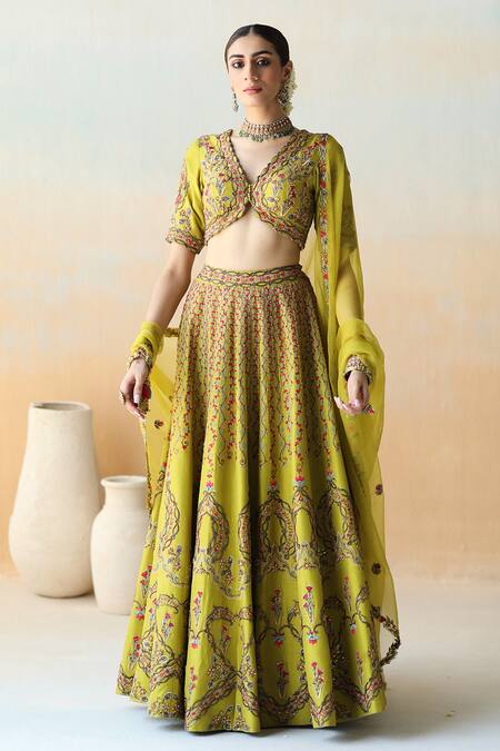 Buy Green Lehenga And Blouse Dupion Embroidered Floral Bridal Set