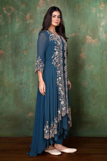 Preeti Jhawar Blue Chiffon, Georgette Floral, Pearl, Zardozi V Embroidered Jacket And Pant Set Online at Aza Fashions Preeti Jhawar_Blue Chiffon, Georgette Floral, Pearl, Zardozi V Embroidered Jacket And Pant Set _Online_at_Aza_Fashions