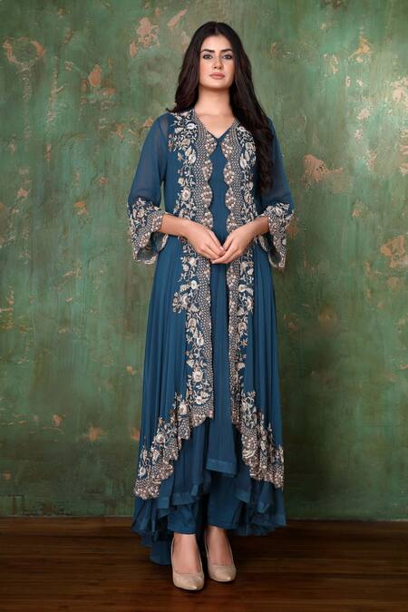 Buy Preeti Jhawar Blue Chiffon, Georgette Floral, Pearl, Zardozi V Embroidered Jacket And Pant Set Online at Aza Fashions Buy_Preeti Jhawar_Blue Chiffon, Georgette Floral, Pearl, Zardozi V Embroidered Jacket And Pant Set _Online_at_Aza_Fashions