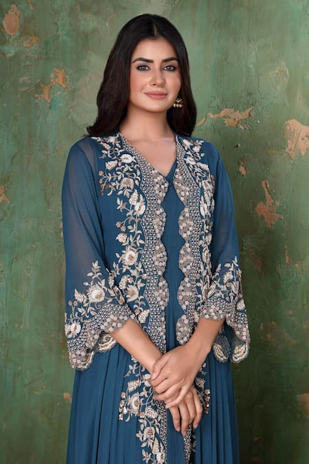 Preeti Jhawar Blue Chiffon, Georgette Floral, Pearl, Zardozi V Embroidered Jacket And Pant Set at Aza Fashions Preeti Jhawar_Blue Chiffon, Georgette Floral, Pearl, Zardozi V Embroidered Jacket And Pant Set _at_Aza_Fashions