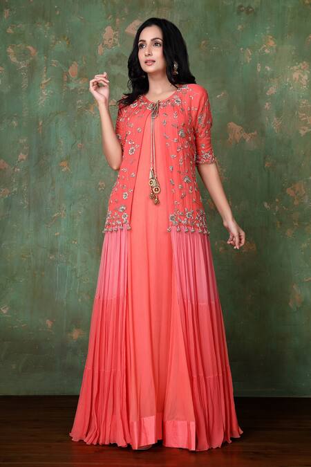 Buy Preeti Jhawar Orange Organza, Chiffon Floral Round Embroidered Jacket With Tunic Online at Aza Fashions Buy_Preeti Jhawar_Orange Organza, Chiffon Floral Round Embroidered Jacket With Tunic _Online_at_Aza_Fashions