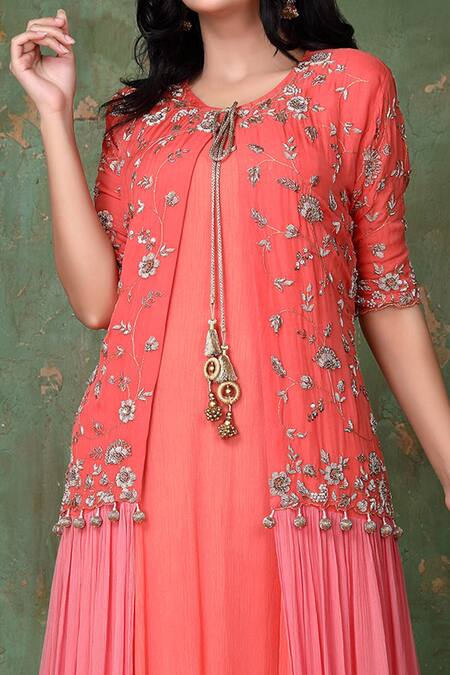 Shop Preeti Jhawar Orange Organza, Chiffon Floral Round Embroidered Jacket With Tunic Online at Aza Fashions Shop_Preeti Jhawar_Orange Organza, Chiffon Floral Round Embroidered Jacket With Tunic _Online_at_Aza_Fashions