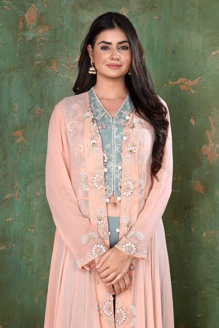 Buy Preeti Jhawar Pink Chiffon, Georgette Floral, Pearl, Zardozi Embroidered Jacket And Palazzo Set Online at Aza Fashions Buy_Preeti Jhawar_Pink Chiffon, Georgette Floral, Pearl, Zardozi Embroidered Jacket And Palazzo Set _Online_at_Aza_Fashions