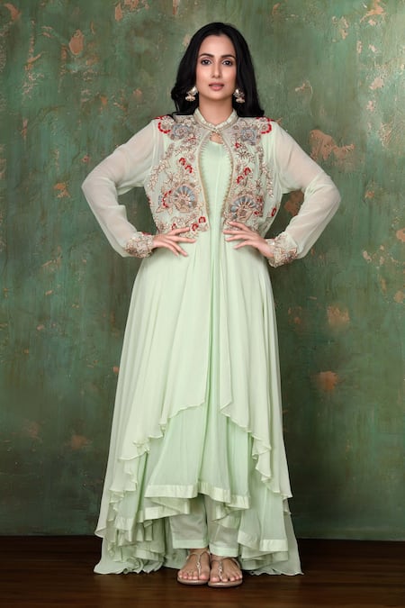 Preeti Jhawar Green Chiffon, Georgette, Cotton Satin Floral, Embroidered Jacket And Pant Set 