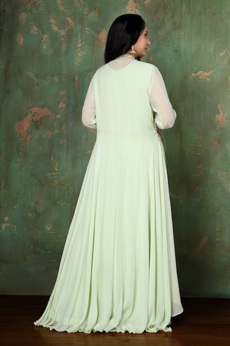 Shop Preeti Jhawar Green Chiffon, Georgette, Cotton Satin Floral, Embroidered Jacket And Pant Set at Aza Fashions Shop_Preeti Jhawar_Green Chiffon, Georgette, Cotton Satin Floral, Embroidered Jacket And Pant Set _at_Aza_Fashions