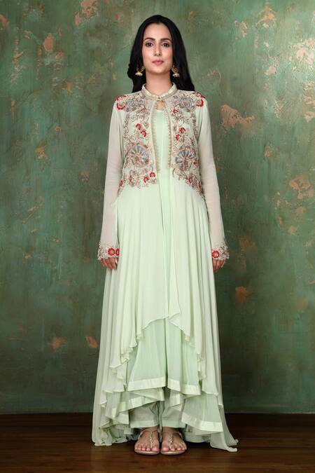 Preeti Jhawar Green Chiffon, Georgette, Cotton Satin Floral, Embroidered Jacket And Pant Set Online at Aza Fashions Preeti Jhawar_Green Chiffon, Georgette, Cotton Satin Floral, Embroidered Jacket And Pant Set _Online_at_Aza_Fashions