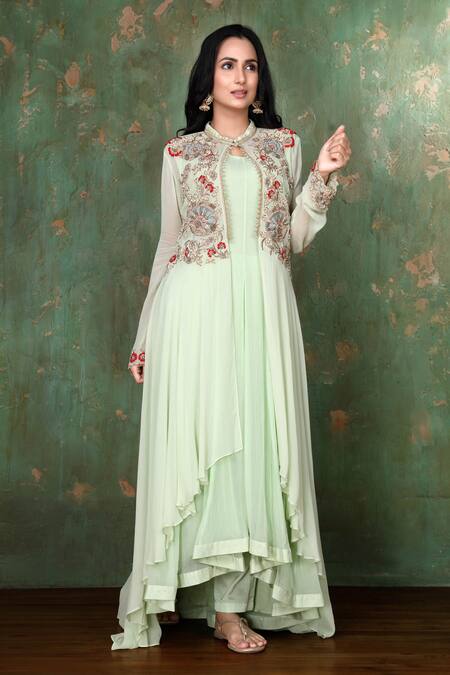 Buy Preeti Jhawar Green Chiffon, Georgette, Cotton Satin Floral, Embroidered Jacket And Pant Set Online at Aza Fashions Buy_Preeti Jhawar_Green Chiffon, Georgette, Cotton Satin Floral, Embroidered Jacket And Pant Set _Online_at_Aza_Fashions