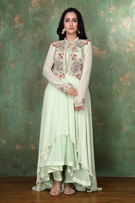 Shop Preeti Jhawar Green Chiffon, Georgette, Cotton Satin Floral, Embroidered Jacket And Pant Set Online at Aza Fashions Shop_Preeti Jhawar_Green Chiffon, Georgette, Cotton Satin Floral, Embroidered Jacket And Pant Set _Online_at_Aza_Fashions
