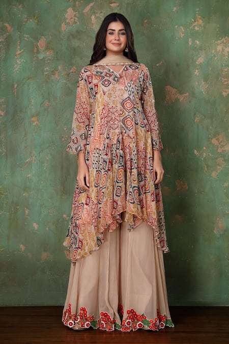 Preeti Jhawar Multi Color Chiffon Geometric, Sequin V Neck Embroidered Kurta Sharara Set Online at Aza Fashions Preeti Jhawar_Multi Color Chiffon Geometric, Sequin V Neck Embroidered Kurta Sharara Set _Online_at_Aza_Fashions